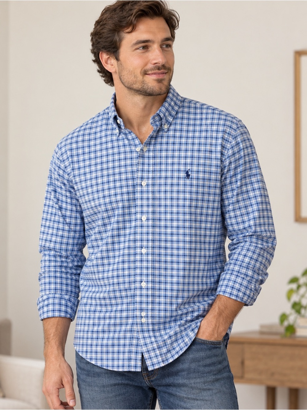 Ralph Lauren Men’s XL Blue Plaid Slim Fit Stretch Oxford Button Down Shirt
